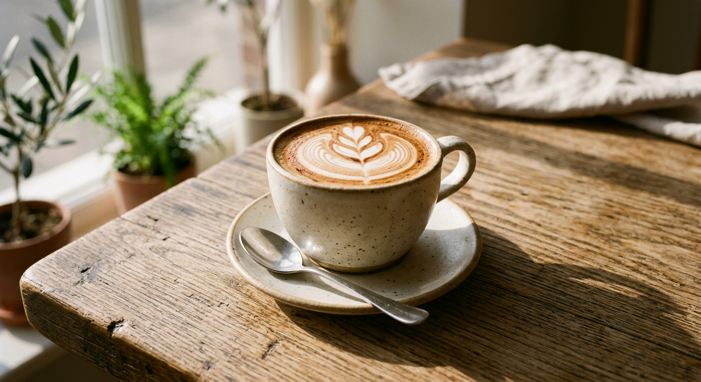 A warm cup of coffee on a wooden café table