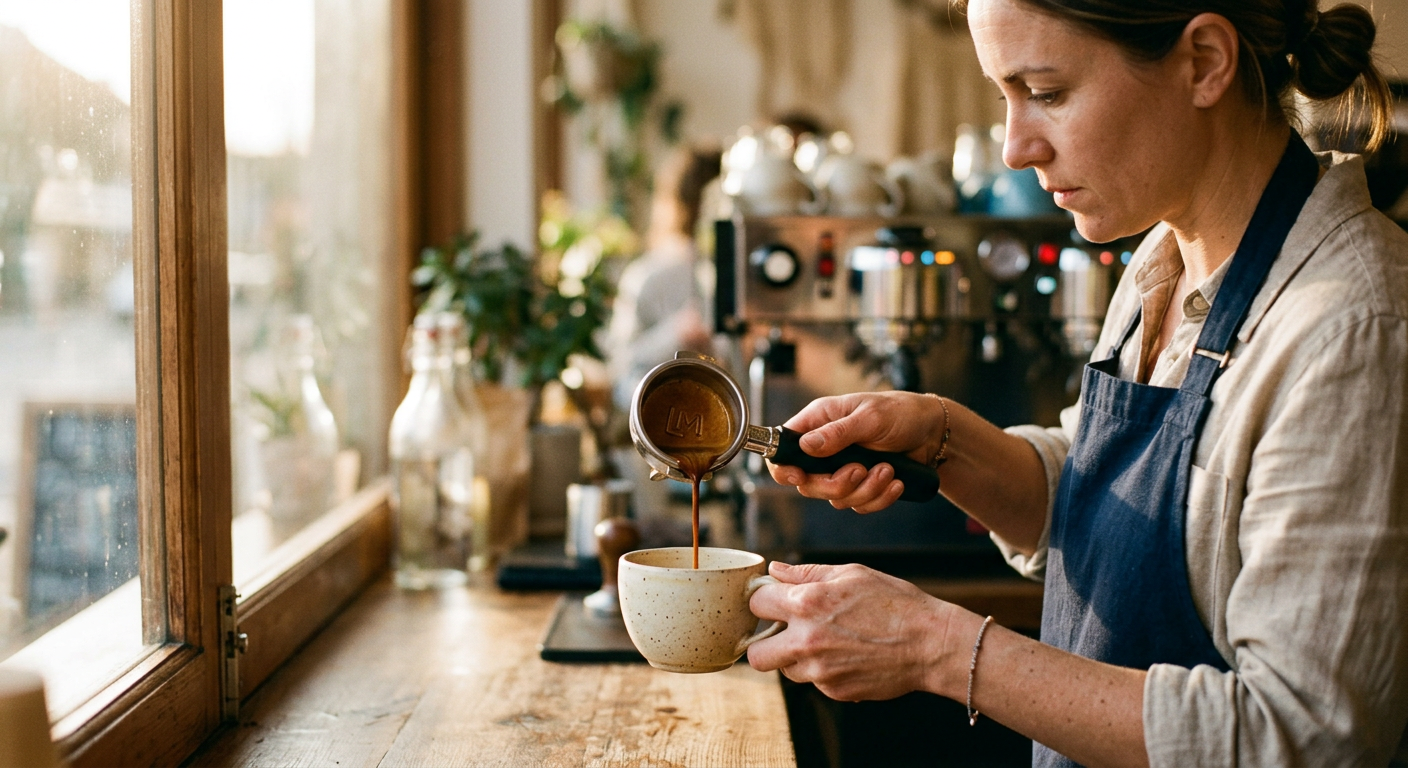 Barista preparing a rich espresso at the café bar