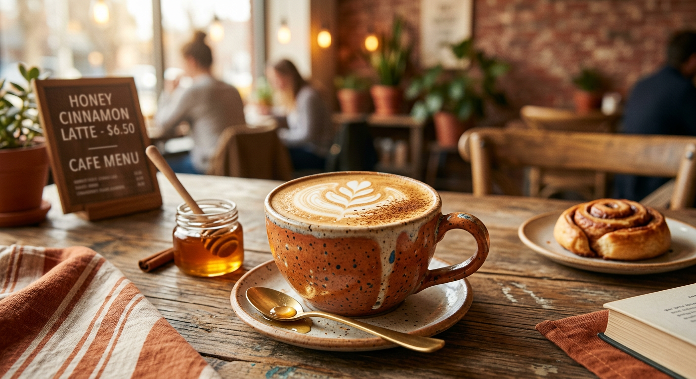 Honey cinnamon latte beside a small dish of cinnamon